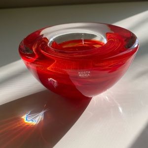 Fiery Red Swirl Kosta Boda Art Glass Atoll Bowl Votive Holder by Anna Ehrner